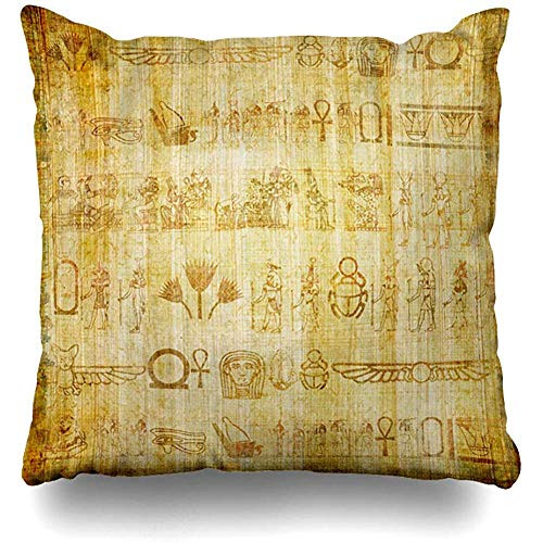 Throw Pillow Cover Square 18x18 Inch Old Brown Egypt Ancient Egyptian Parchment Vintage Art Yellow Papyrus Writing Border Pharaoh Africa Cushion Case Home Decor Pillowcase