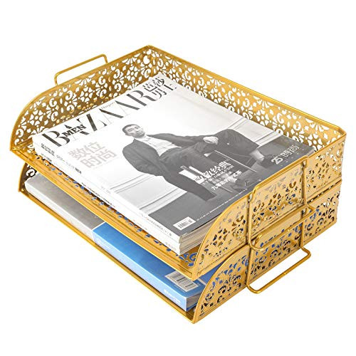 Superbpag Stackable Office Desk Supplies Organizer 2 Tier Desktop File Document Paper Letter Tray Holder Organizer, Gold