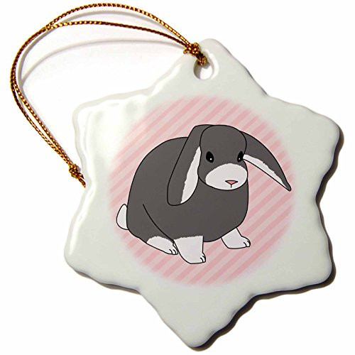 3dRose orn_24634_1 Grey Lop Rabbit Tan Pink Stripes Design Porcelain Snowflake Ornament, 3-Inch