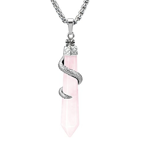 BEADNOVA Healing Crystal Necklace for Women Men Natural Rose Quartz Crystal Snake Tail Wrap Pendant Energy Healing Gemstones Jewelry Pendulum Crystal Divination (Hexagonal, 18 Inches Stainless Steel Chain)
