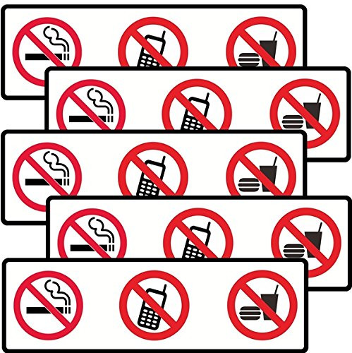 Back Self Adhesive Vinyl Outdoor/Indoor (5 Pack) 8" x 2" NO Smoking NO Food NO Cell Phone Window Door Wall Stop Smoke No Cigarette Drink Call Warning Alert Decal Sticker (Silver Color)