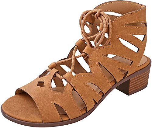 City Classified Women's Cut Out Caged Open Toe Chunky Stacked Heel Bootie Tan Nubuck 6 M US