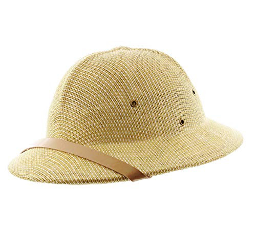 Milani Straw Pith Helmet Outdoor Hat with Adjustable Headband for Jungle Safari Explorer Costume (Tan/White)