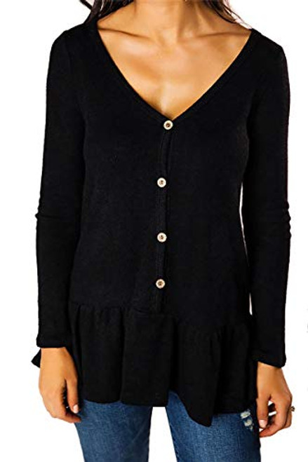 Button Down Shirts for Women - V Neck Ruffle Hem Pullover Long Sleeve Casual Blouse Loose Tops Black