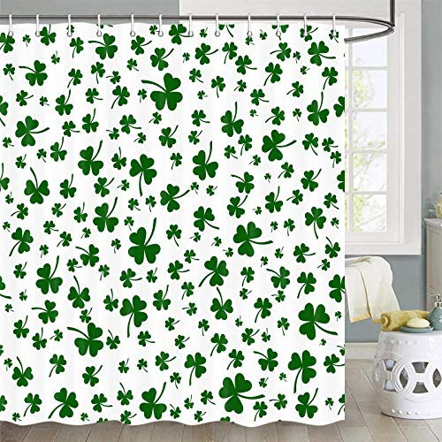 St. Patrick's Day Shower Curtain, Green St. Patricks Day Clover Shamrock Leaves Irish Spring Festival Holiday Shower Curtain Set, Fabric Shower Curtain Hooks Include, 70 in