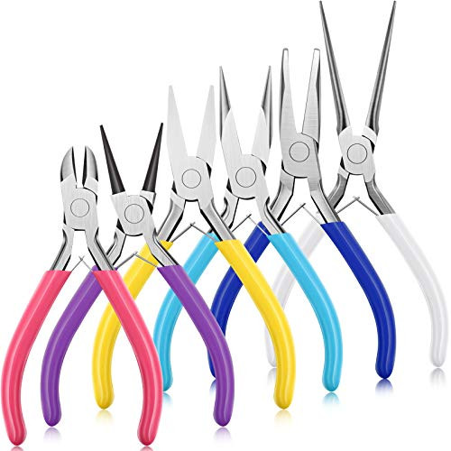6 Pieces Jewelry Making Pliers Tools Set with Diagonal Nose Pliers, Needle Nose Pliers, Round Nose Pliers, Curved Nose Pliers, Long Nose Pliers, Flat Nose Pliers for DIY Jewelry Tools