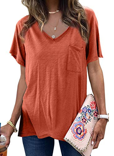 Aleumdr Womens Short Sleeve V Neck T Shirts Casual Loose Plain Basic Tee Tops Blouse Pocket Orange X-Large 16 18
