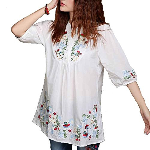 Kafeimali Women's Mexican Blouse Embroidered Peasant Dressy Tops 3/4 Sleeve Shirt (White)