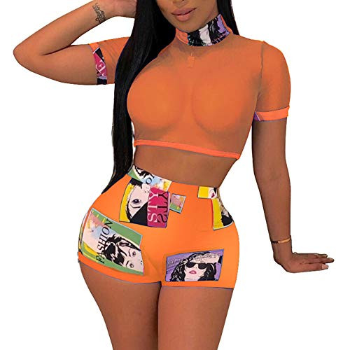 Women's Sexy Two Piece Outfits - Mesh See Through Crop Top Print Short Pants Set Bodycon Jumpsuit Rompers Orange XL