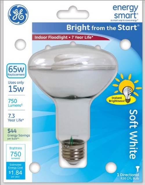 GE Lighting 60312 Energy Smart Bright from The Start CFL 15-watt 750-Lumen R30 Indoor Flood Light Bulb with Medium Base