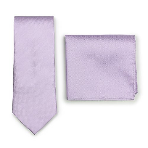 Bows-N-Ties Men's Solid Necktie and Pocket Square Set Matte Herringbone Finish (Sweet Lavender)