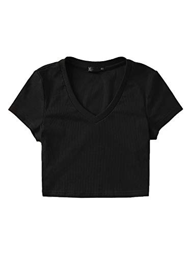 Romwe Women's Casual Summer Cap Sleeve V Neck Rib Knit Crop Tops Tee Shirts Black Medium