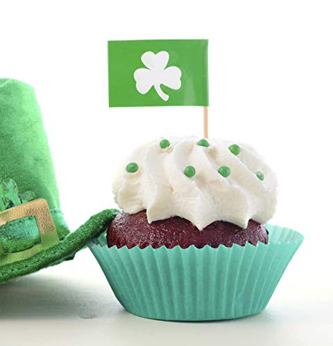 Debispax 200Pcs St Patricks Day Toothpicks Flag, Shamrock Cupcake Topper Picks, Irish Clover Flag Cake Decoration