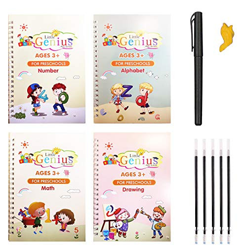 4PCS Magic Practice Copybook with Pen, Reusable Handwriting English Magic Practice Copybook for Children, Alphabet Number Math Drawing Tracing Book Set (4 BooksplusPenplusYellow Pen Hold)