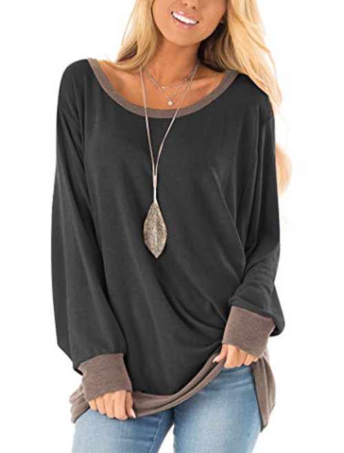 Fallorchid Women's Long Sleeve Crew Neck Tunics Loose Fit Casual Color Block Tops (X-Large, Charcoal)