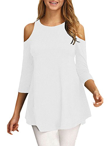 Afibi Womens Cold Shoulder 3/4 Sleeve Swing Tunic Tops For Leggings (Large, White)