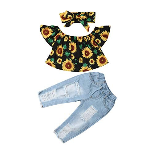 Toddler Baby Girl Off Shoulder Sunflower Shirts Top Blouse Denim Ripped Jeans Pants Outfits Clothes Sets (Yellow, 12-18 Months)