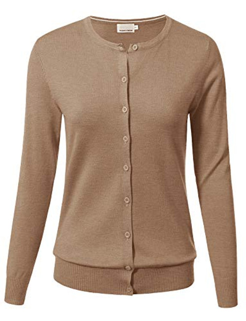 Allsense Women Button Down Long Sleeve Crewneck Soft Knit Cardigan Sweater S Khaki