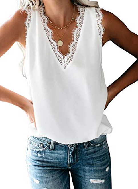 BLENCOT Women Ladies Sexy V Neck Lace Trim Tank Tops Casual Loose Sleeveless Blouse Shirts Work White L