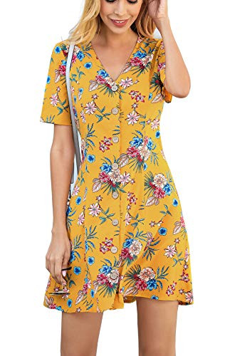 Yoonsoe Women's Summer Casual Short Sleeves Floral Dress V Neck Button Down Short Mini Dress, Yellow, S