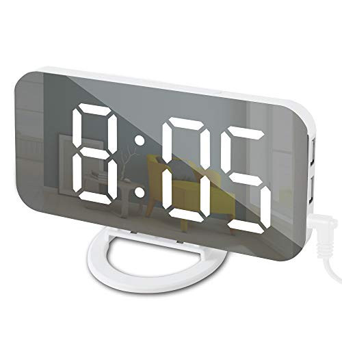 GLOUE Alarm Clock with USB Charger, Digital Alarm Clocks for Bedrooms, Large Mirror Surface, Easy Snooze Function, Dimming Mode Auto/Manual Adjustable Brightness Bedside Alarm Clocks (White/White)