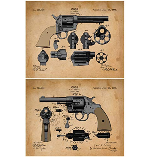 Original Colt inchPeacemaker inch Revolver Gun Patent Poster Prints 1875  and  1903 Two 11 inch x 14 inch Unframed - Great Gift for Gun Enthusiasts
