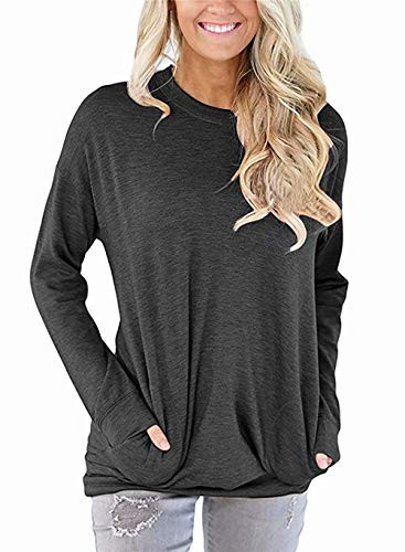Akihoo Long Sleeve Tunic Tops Bottom Shirts Blouse Wine Red for Women Solid Color Pockets Soft Large Crew Neck Pullover Loose Sweatshirt XXL
