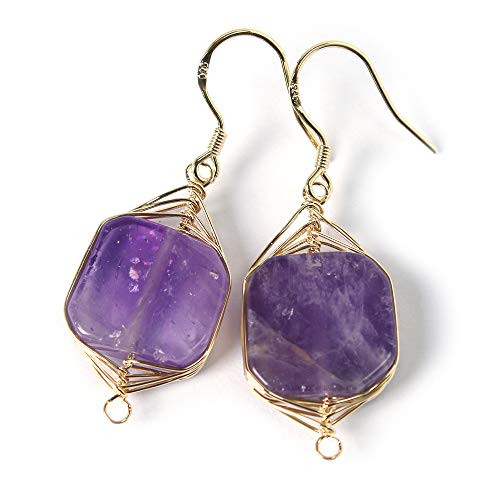 Natural Stone Wire Wrap Dangle Drop Earrings Gold Plated 925 Sterling Silver Hook/Raw Amethyst Square