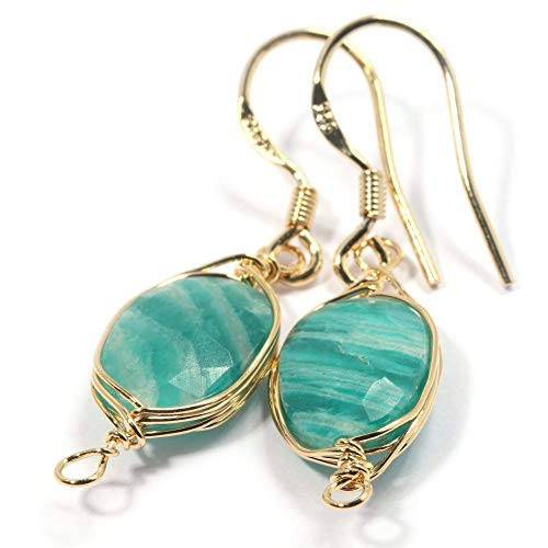 Natural Stone Wire Wrap Dangle Drop Earrings Gold Plated 925 Sterling Silver Hook/Amazonite Oval