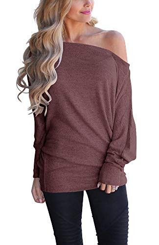 EZBELLE Womens Off Shoulder Loose Pullover Sweater Batwing Sleeve Knit Jumper Oversized Tunics Top Burgundy Small