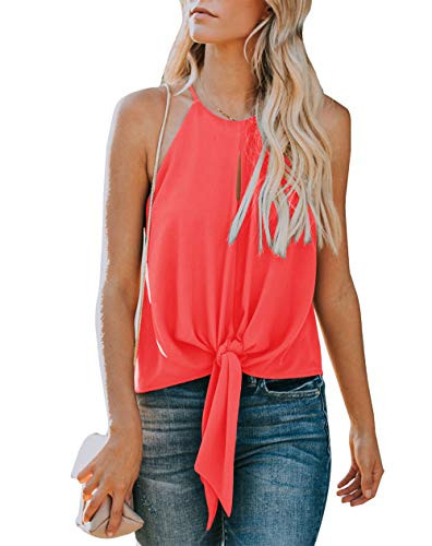 Topstype Women's Summer Sleeveless Crew Neck Tank Tops Camis Front Tie Knot Casual Shirt Keyhole Front Blouse(X-Large,Orange Red)