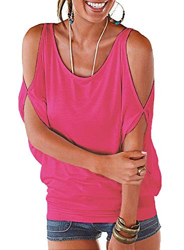 LEIYEE Womens Hot Pink Summer Cold Shoulder Tops Short Sleeve T Shirts Pullover Casual Dolman Blouses