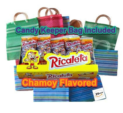 Ricaletas Paletas - Ricaleta Mexican Candy Box Chamoy Flavored Dulces Mexicanos (25 Count) Big Paletas Ricaletas Chamoy Lollipops Bulk plus Cute Mini Market Bag (Bundle)