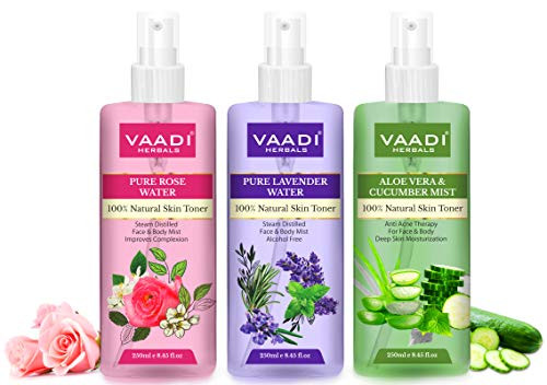 Vaadi Herbals Pack Of 3 Skin Toners - Rose Water, Lavender Water and Aloe Vera  and  Cucumber Mist - 100percent Natural  and  Pure, 250 ml (Pack of 3)