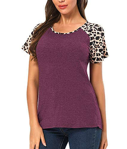 ASHLONE Women Casual Loose Shirt O-Neck Leopard Print Patchwork Plus Size Basic Blouse Tops Wine Red