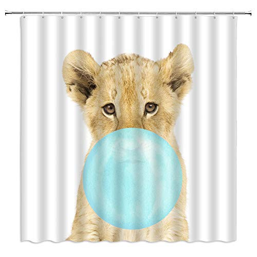 Cute Lion Shower Curtain King of The Forest Funny Animal Blowing Balloon White Tan Blue Bathroom Curtains Decor Polyester Fabric Quick Drying Include Hooks