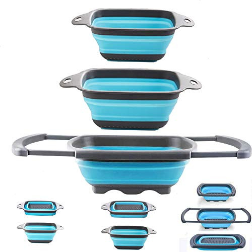 EigPluy Kitchen Collapsible Colander Over The Sink Kitchen Colander Strainer With Extendable Handles Folding Strainer for Draining Fruit,Pasta,Vegetable(3 packs,Blue)
