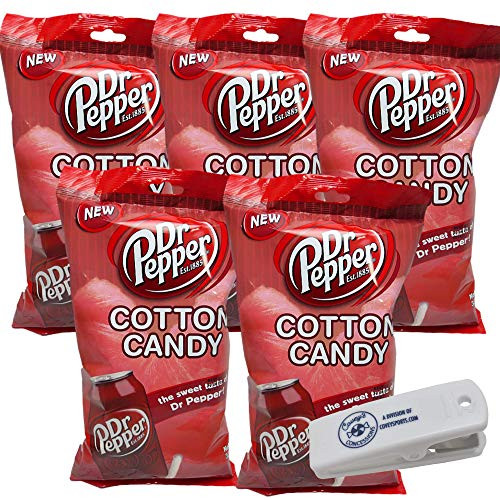Dr. Pepper Soda Cotton Candy - (5-Pack, 3.1 oz. Bags) - Soda Flavor Candy Bundled with Coveys Concessions Clip Dr. Pepper Soda Cotton Candy - (5-Pack, 3.1 oz. Bags) - Soda Flavor Candy Bundled with Coveys Concessions Clip
