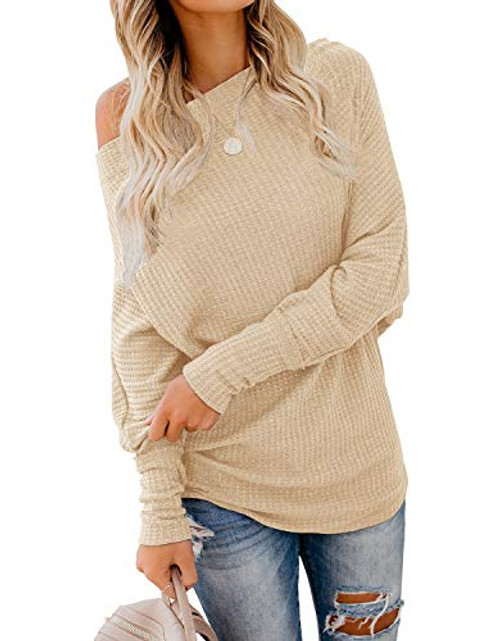 Women's Casual Off The Shoulder Tops Waffle Knit Batwing Sleeve Loose Pullover Sweater Shirt Apricot Medium