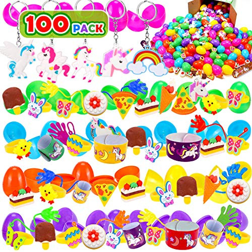 100 Pack Prefilled Easter Eggs with Toys and Unicorn, 2 3/8 inch Plastic Easter Eggs Filled Toys for Easter Theme Party Favor, Basket Stuffers Fillers