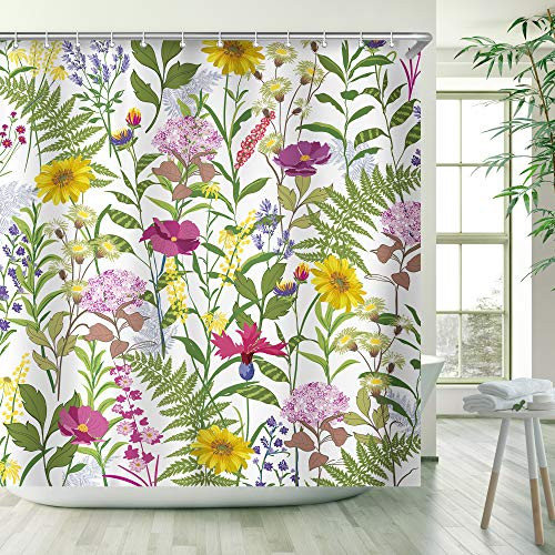Stacy Fay Shower Curtains, Floral Shower Curtains Set with 12 Hooks, Waterproof Fabric Bathroom Shower Curtain, Purple Yellow Flowers and Green Leaves, 72x72 ''