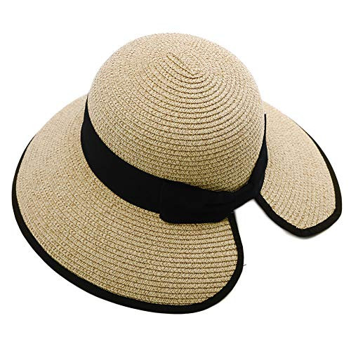 Jeff  and  Aimy Foldable Beach Sun Hat for Womens UPF 50plus Wide Brim Summer Hat Straw Fedora Panama Hat Adjustable Beige Mix
