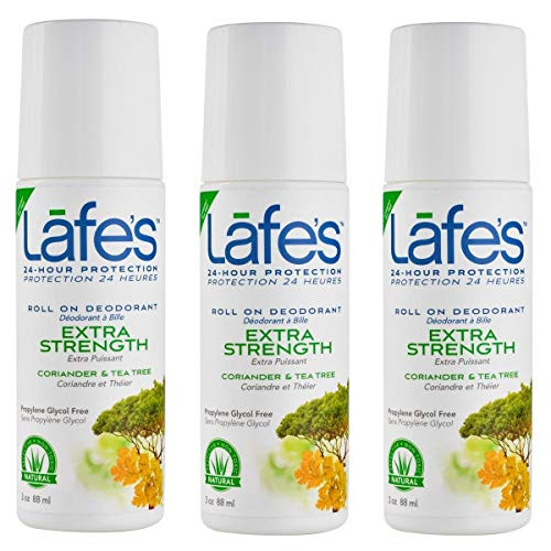 Lafes   Extra Strength - Coriander  and  Tea Tree  Roll-On Aluminum Free Natural Deodorant for Women  and  Men   Vegan, Cruelty Free, Gluten Free, Paraben Free  and  Baking Soda Free with 24-Hour Protection; 3 Pack (3 oz each)