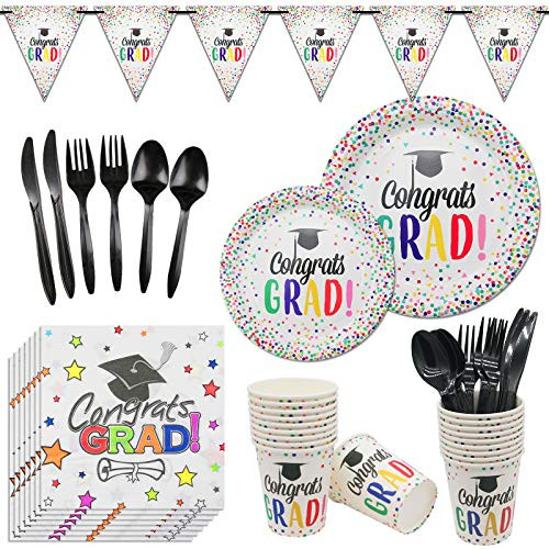 Rainmae Graduation Party Supplies Tableware Set - Serves 20 Guest- Plates, Cups, Napkin, Knife, Spoon, Fork, Banner, Celebration Graduation Party Plates Congrats Grad Plates Napkins Cups Black Gold Decoration