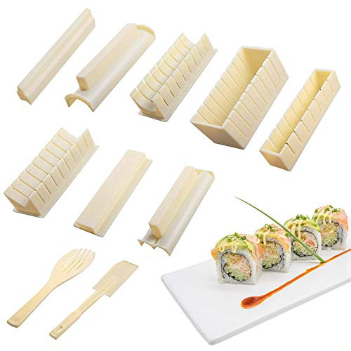 10 Pieces Sushi Making Kit for Beginners, Plastic Sushi Maker Tool Kit, Sushi Mold Complete with 8 Sushi Rice Roll Mold Shapes and 2 Fork Spatula DIY Home Sushi Tool for Maki Rolls Sushi Rolls (Beige)
