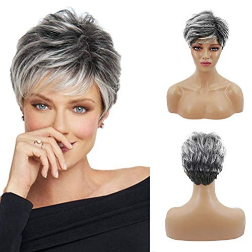 Layered Pixie Cut Wigs with Bangs Ombre Silver Grey Short Wig Natural Heat Resistant Daily Hair Party Wigs for Women