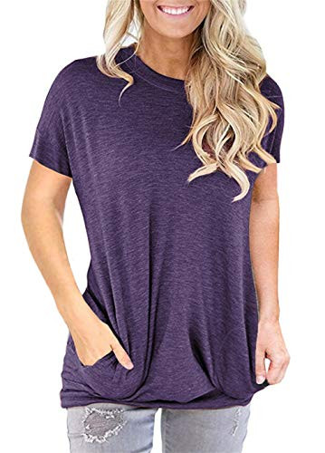 ONLYSHE Women's Casual Round Neck Tops Summer Short Sleeve T-Shirt Top Blouse Purple L