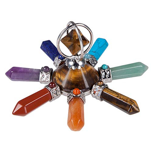 SUNYIK Handmade 7 Chakra Crystal Merkaba Star Pyramid Conical Energy Generator, Healing Reiki Crystal Point Hexagonal Prisms Seven Direction, Tiger's Eye