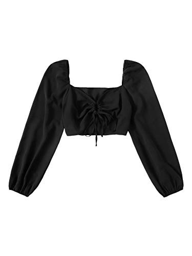 WDIRARA Women's Tie Front V Neck Bishop Long Sleeve Crop Top Casual Blouse Black M