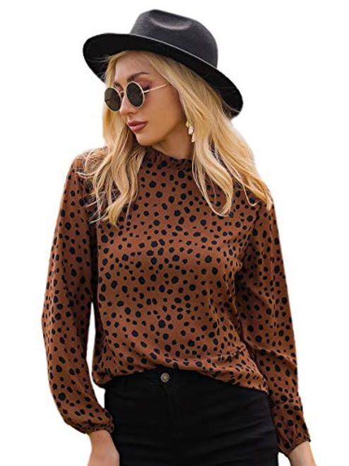 SOLY HUX Women's Frill Trim Mock Neck Bishop Long Sleeve Polka Dots Blouse Top Coffee Brown L SOLY HUX Women's Frill Trim Mock Neck Bishop Long Sleeve Polka Dots Blouse Top Coffee Brown L